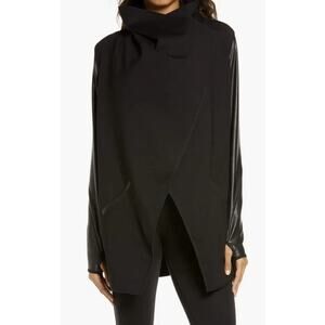 Spanx Size Large Black Faux Leather Convertible Ponte Knit Jacket Wrap Coat